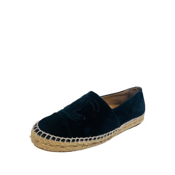 CHANEL Navy Blue Velvet CC Logo Cap Toe Espadrilles Monogram Flats Size 37 US 7 - Picture 9 of 9